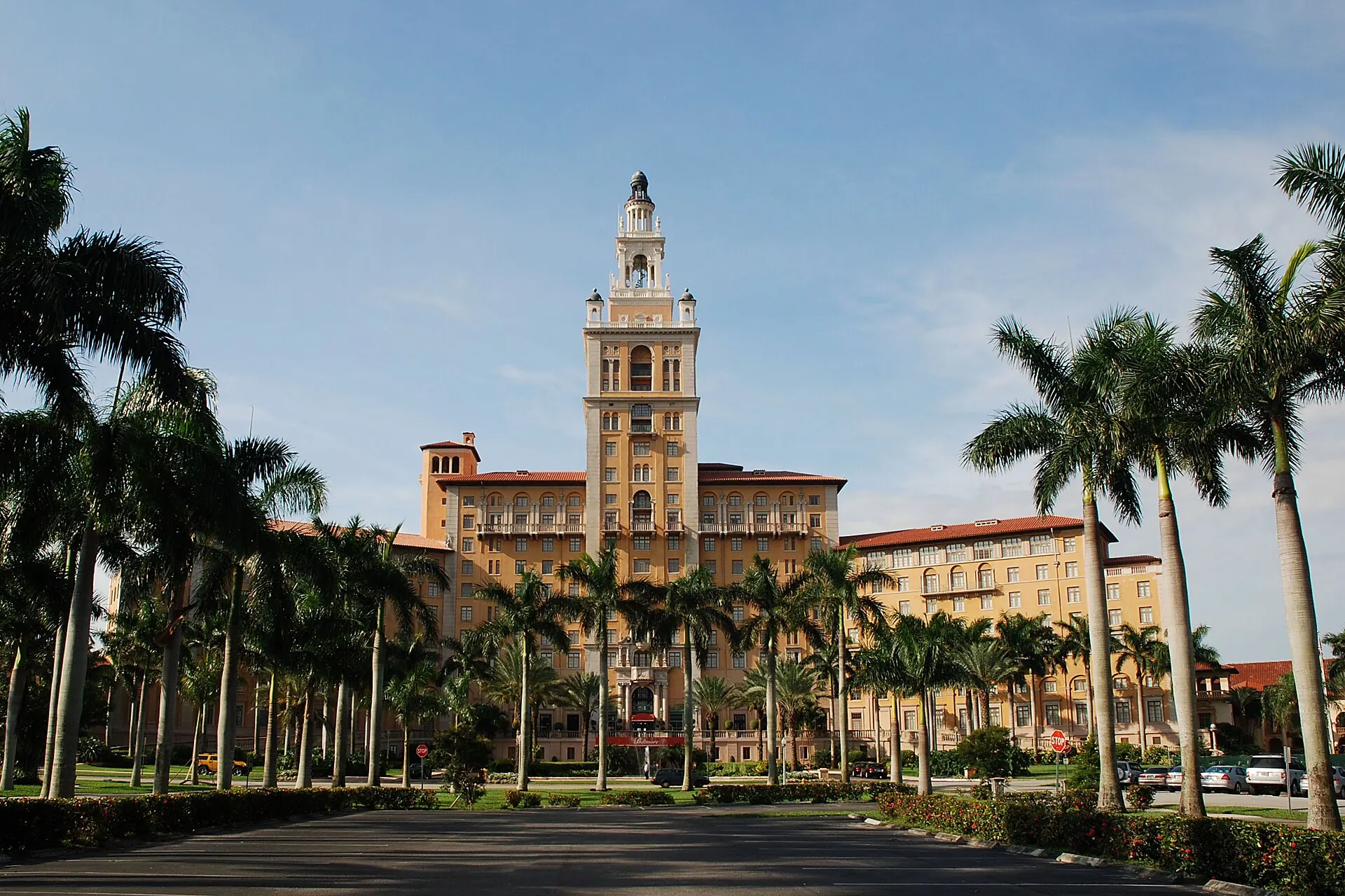 The Biltmore Hotel framed by royal palms, Coral Gables