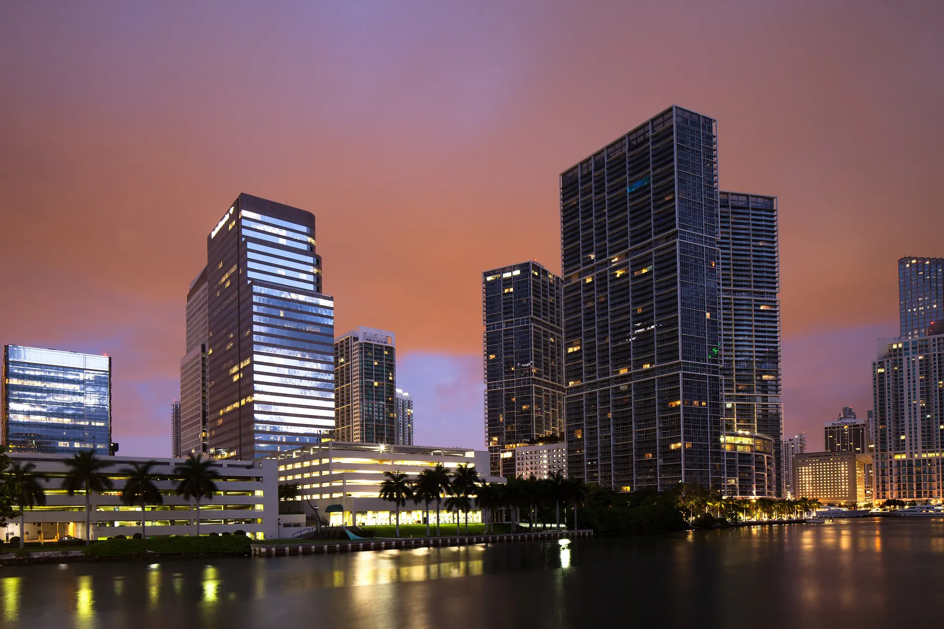 Brickell skyline at dusk from Brickell Key, Miami