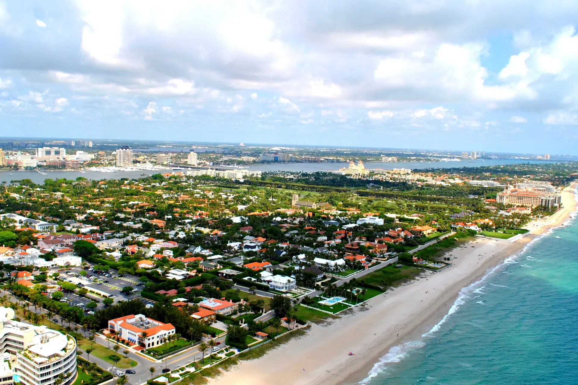 Aerial view of Palm Beach island estates and the Atlantic