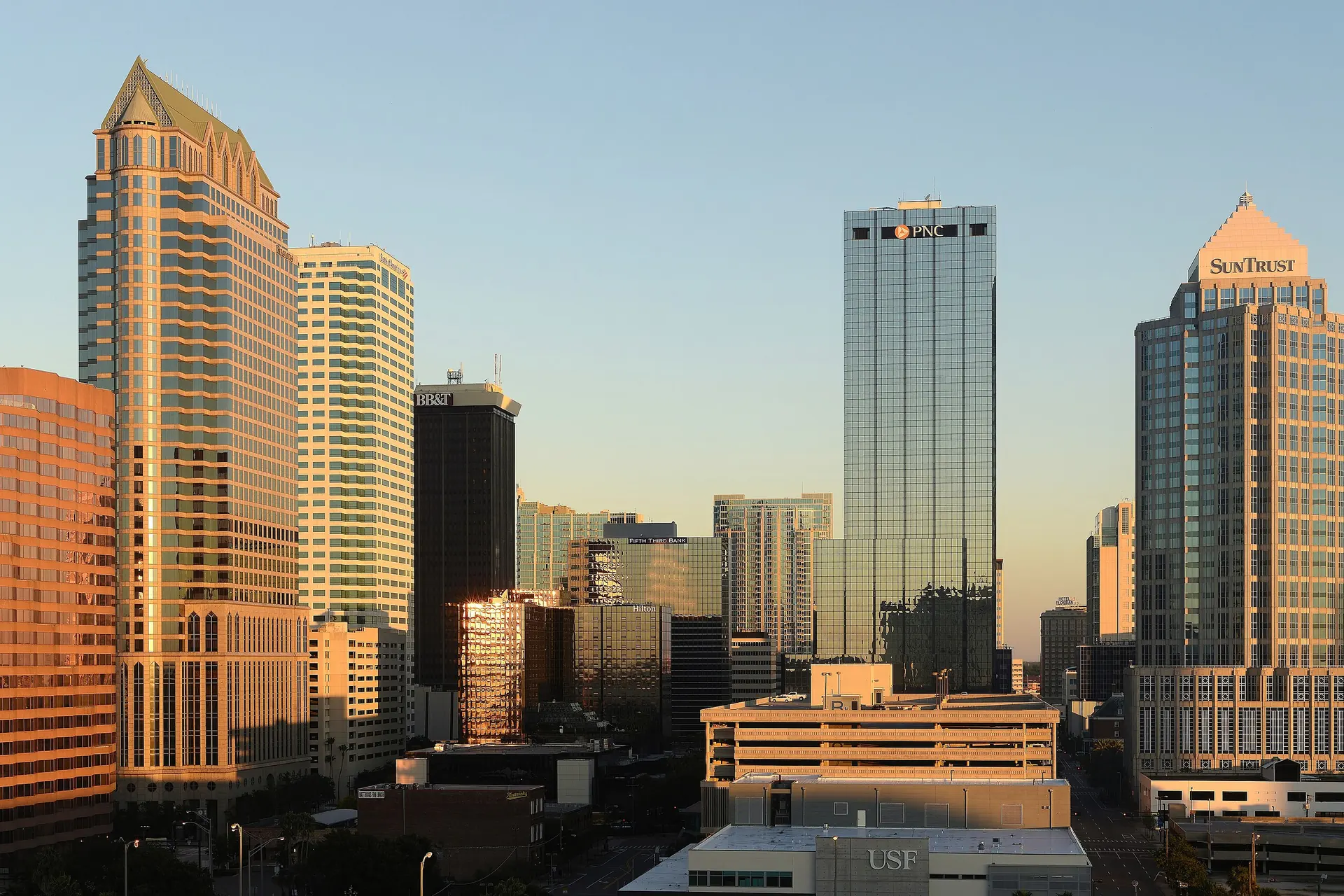 Downtown Tampa towers at golden hour